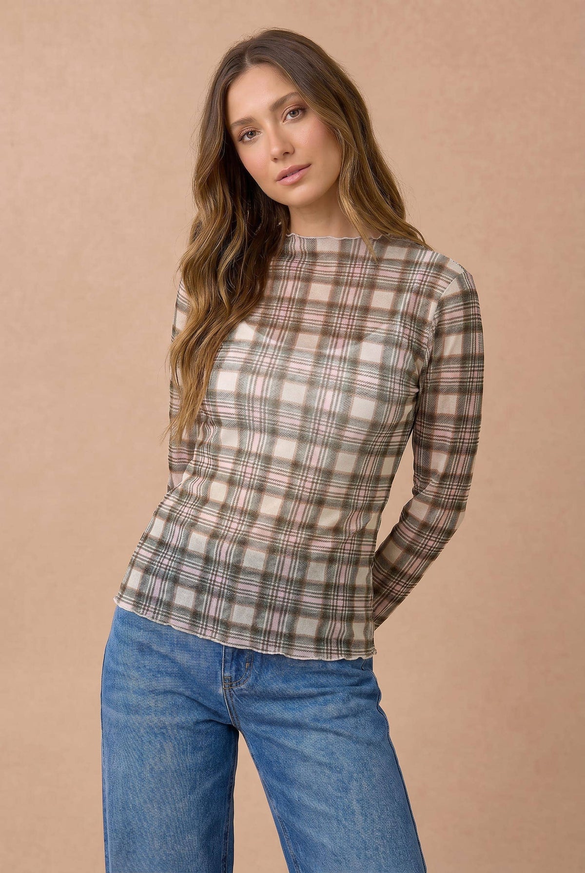 Plus Plaid Mesh Sheer Top
