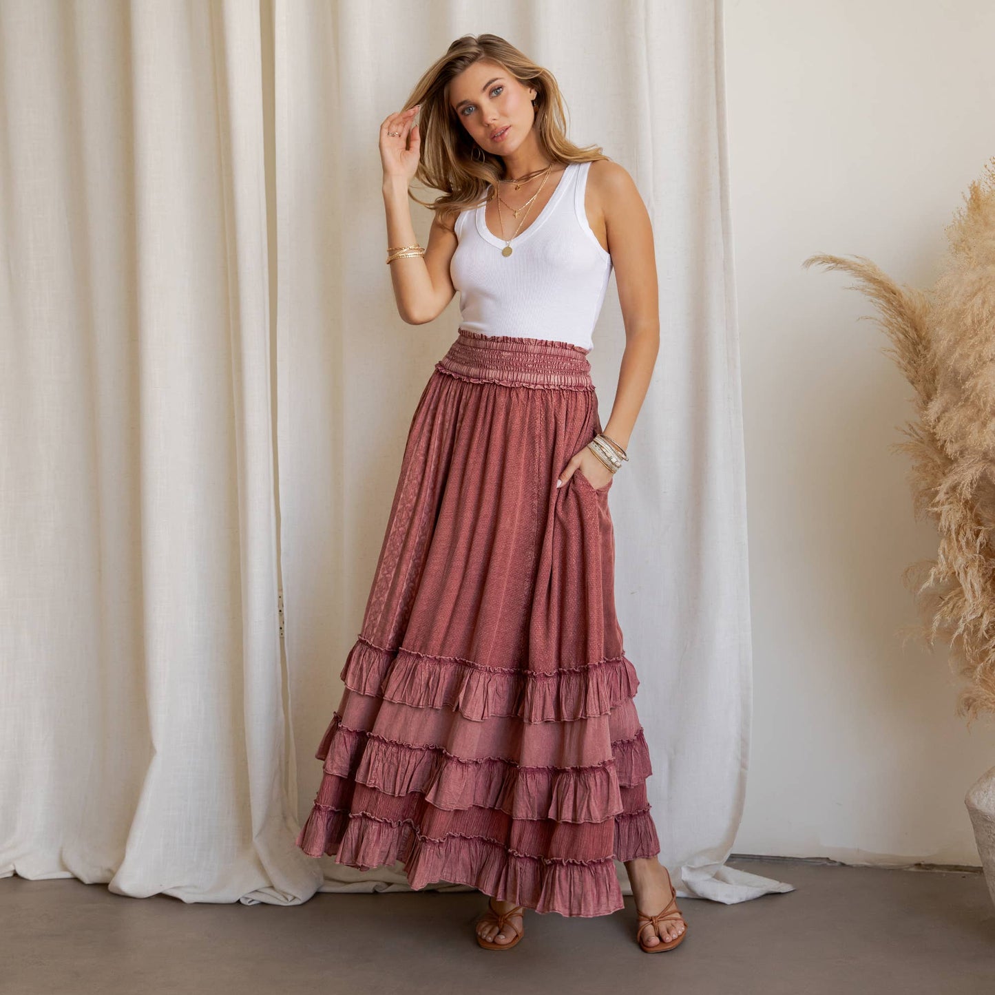 Rustic Smocked Waist Ruffled Tiered Maxi Skirt