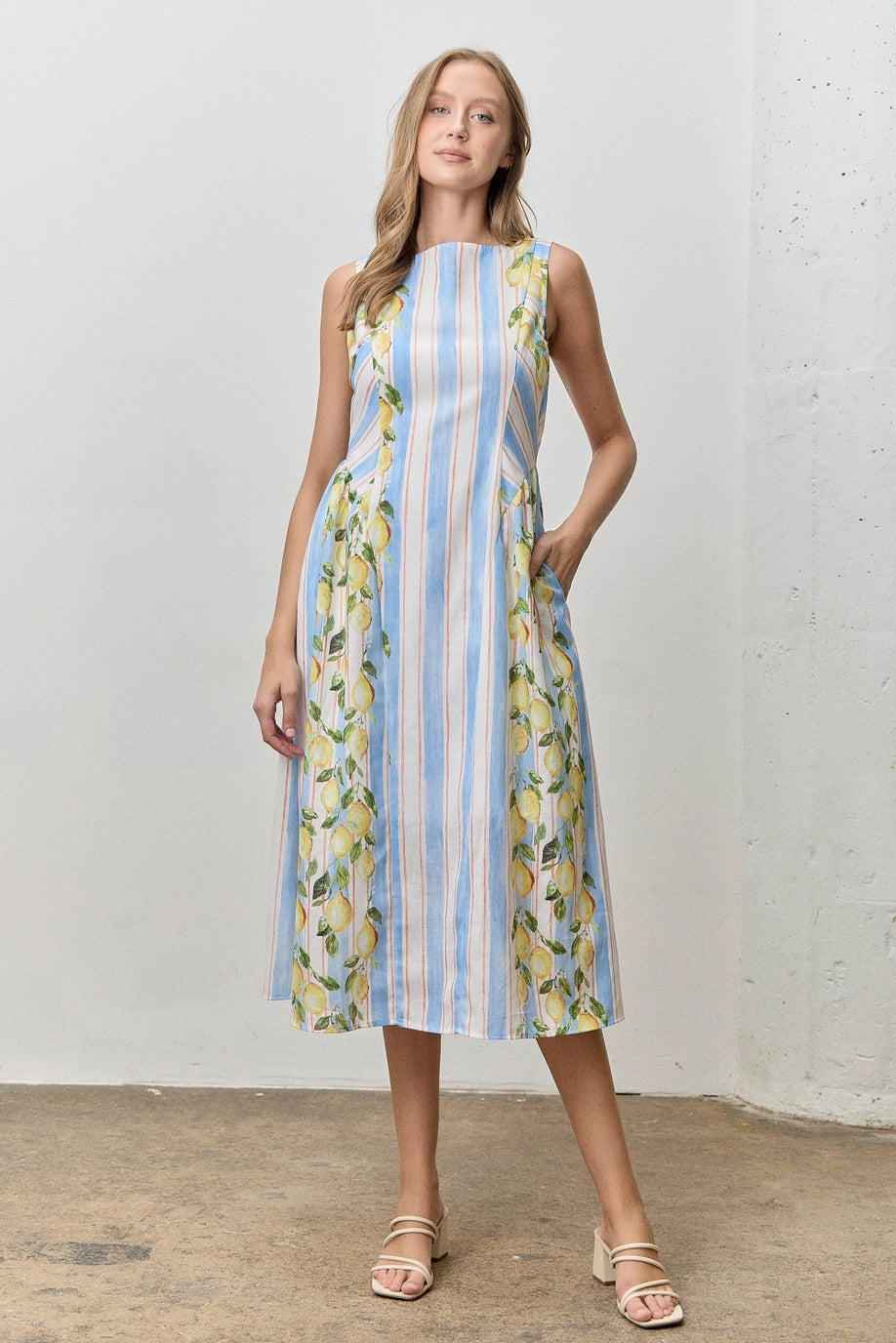 Lemon Print Striped Maxi Dress