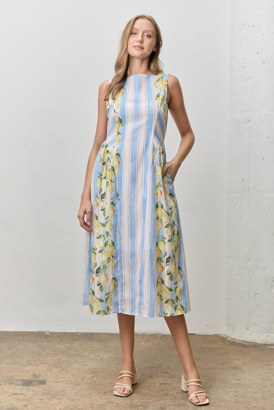 Lemon Print Striped Maxi Dress