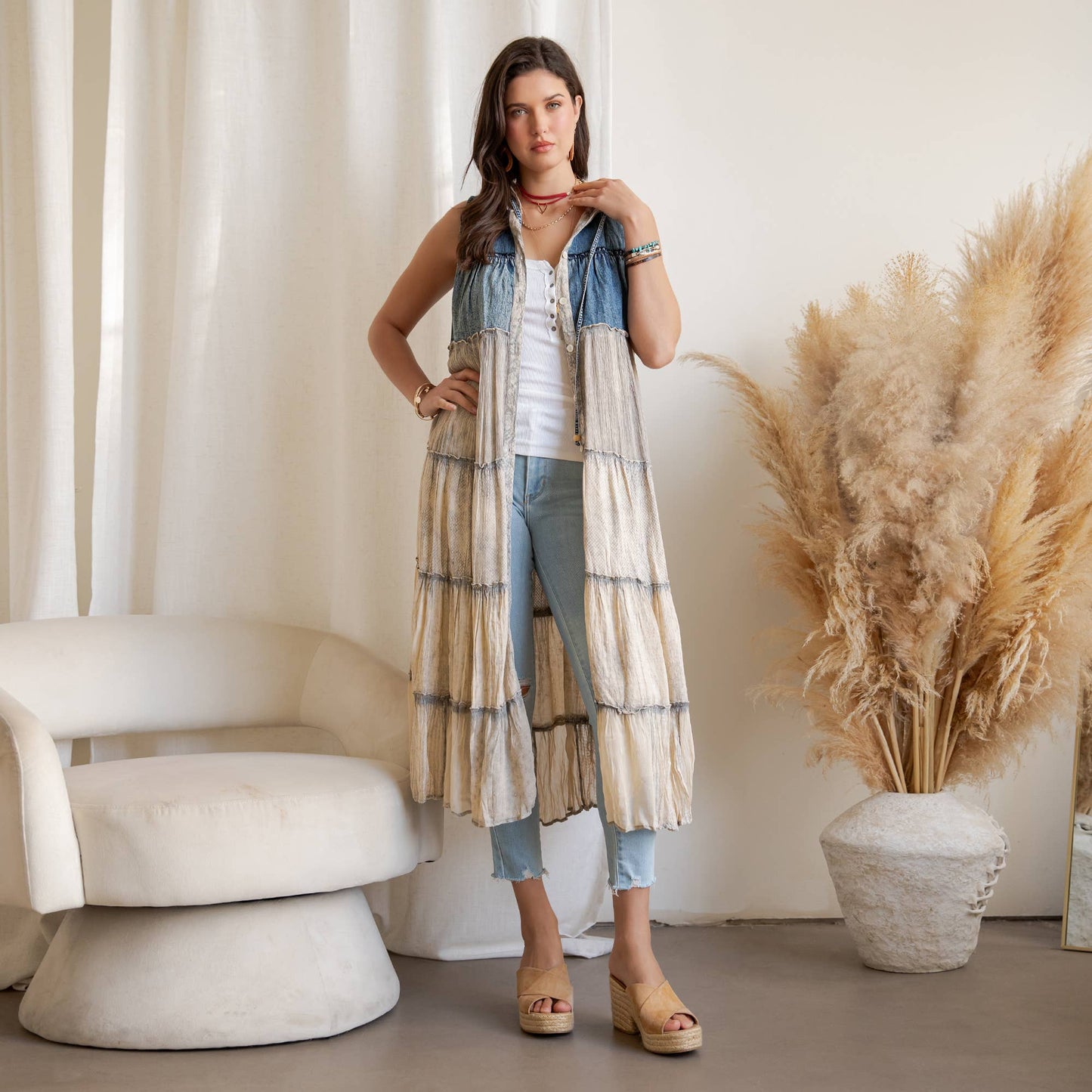 Boho Tiered Sleeveless Maxi Button