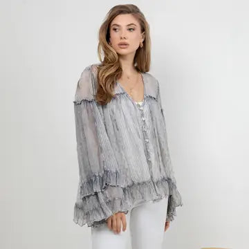 Dreamy Sheer V-Neck Ruffled Button-Front Top