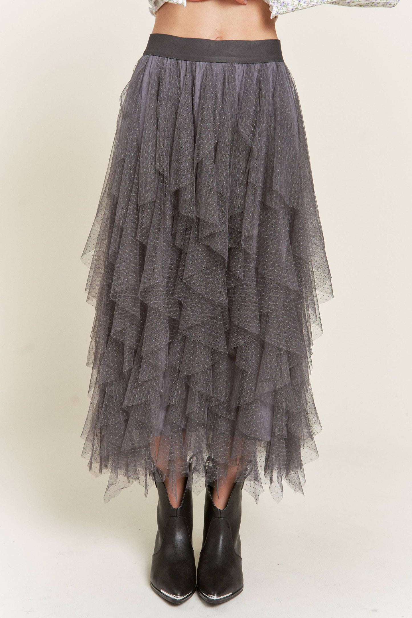 Layered Polka Dot Mesh Lined A-Line Midi Skirt JJB6007