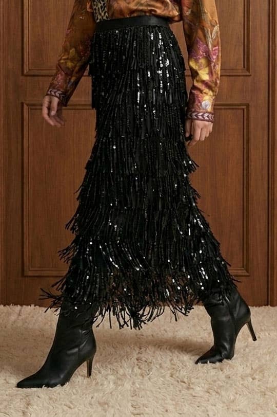Tiered Sequin Fringe Column Skirt