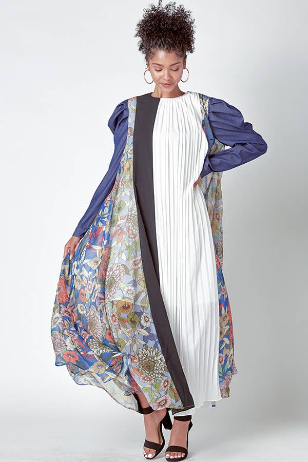 MIXED MATERIAL DRESS WITH PUFFED DENIM SLEEVES