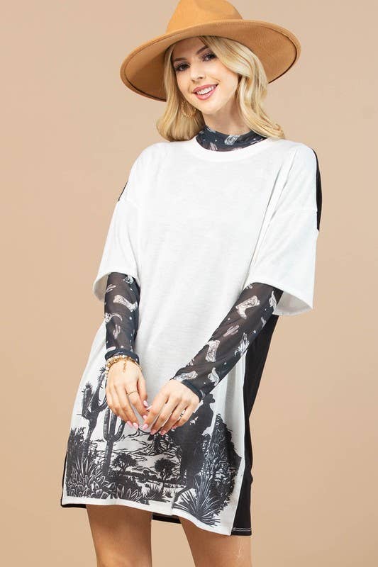 AV1230-CINDY WESTERN PRINT SEMI SHEER MESH TOP