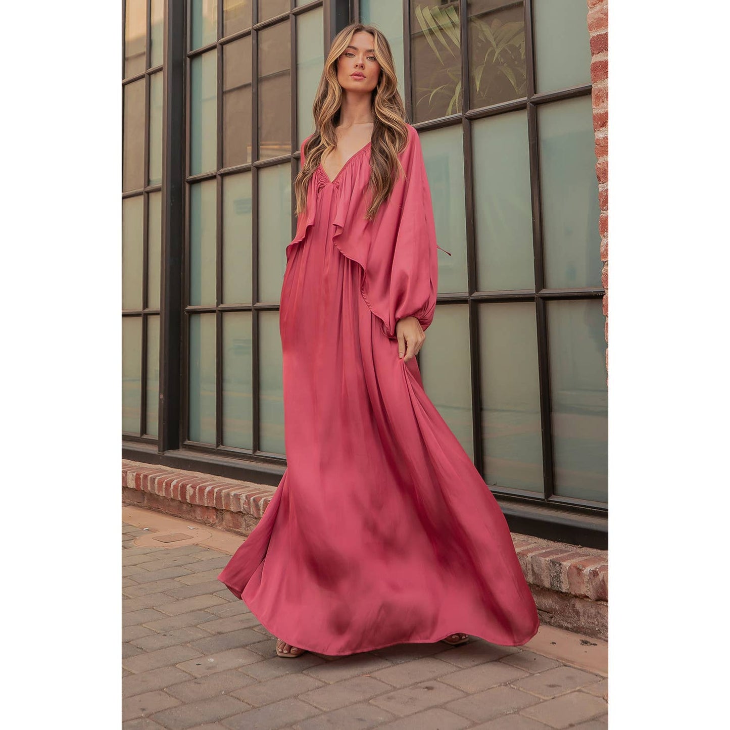 Shirred Satin Balloon Sleeve Maxi Dress