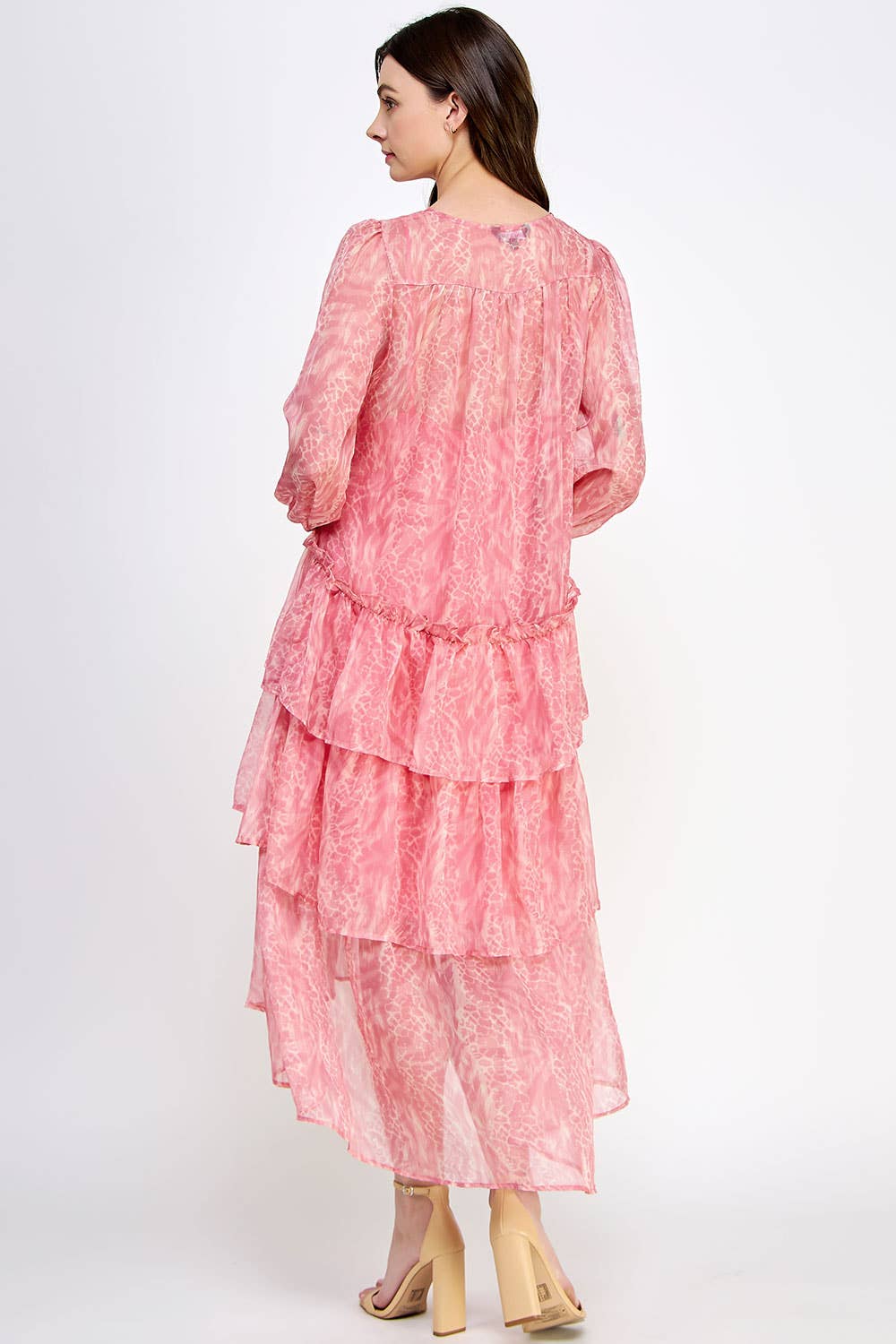 Tiered Long Sleeve Print Midi Dress