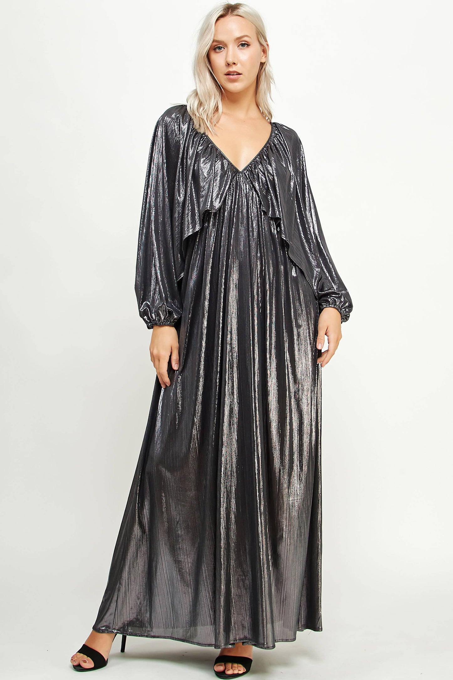 Shirred Metallic Maxi Dress