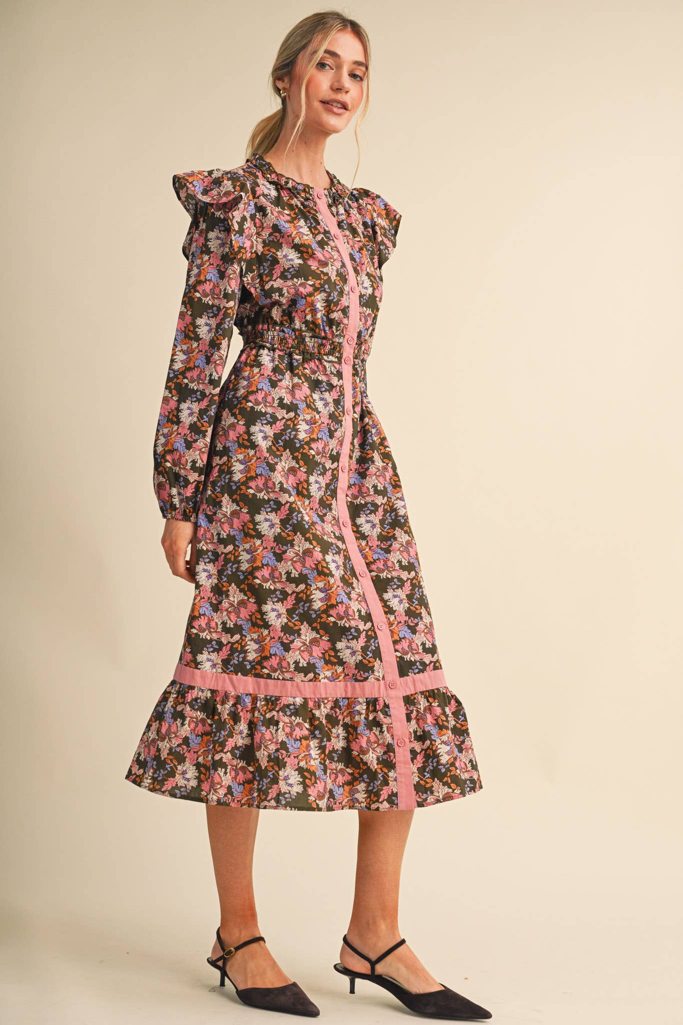 FLORAL BUTTON DOWN CONTRAST BINDING MIDI DRESS MDR5246