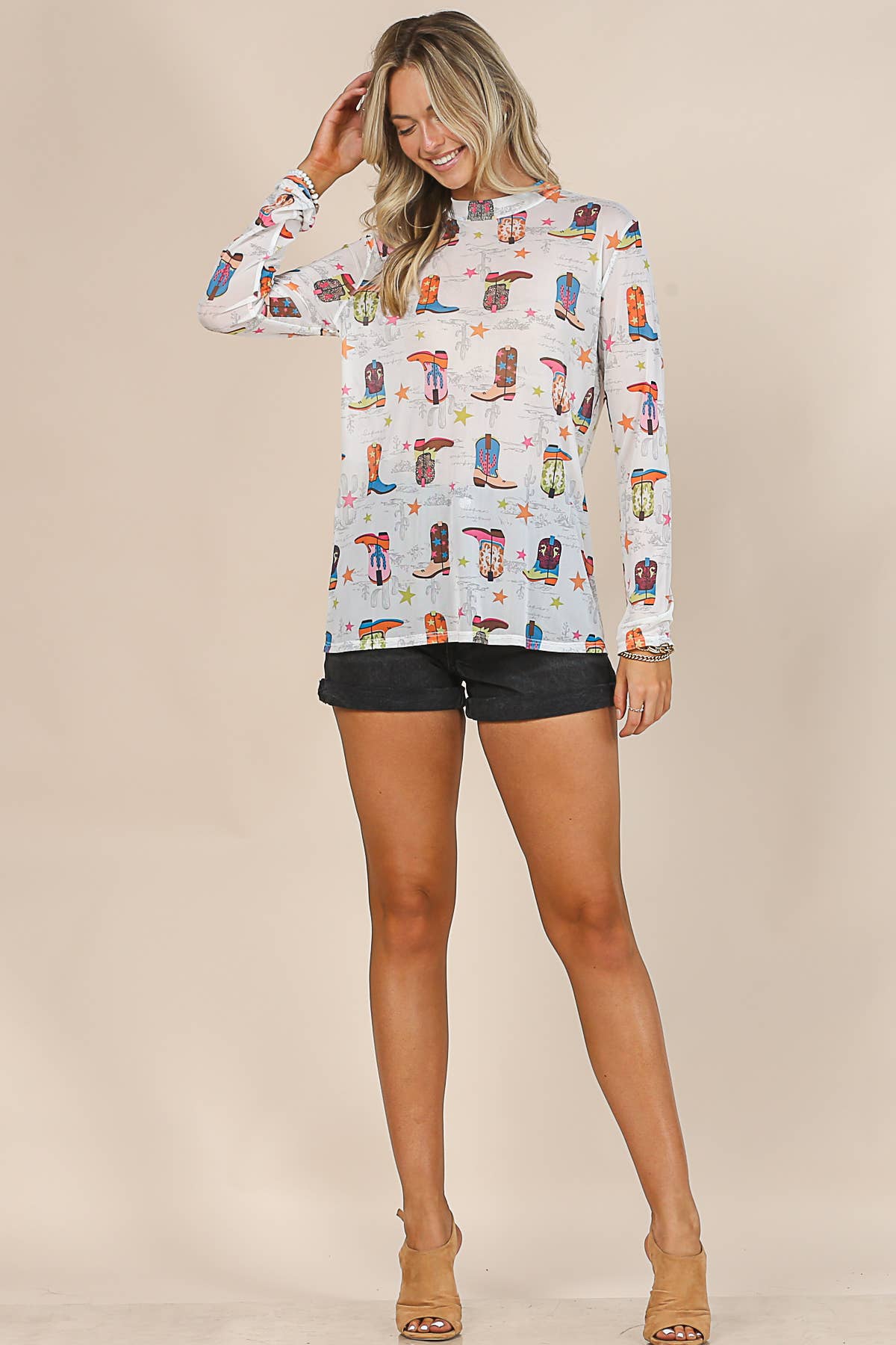 AV1230-GIO BOOTS PRINT MOCK NECK LONG SLEEVE MESH TOP
