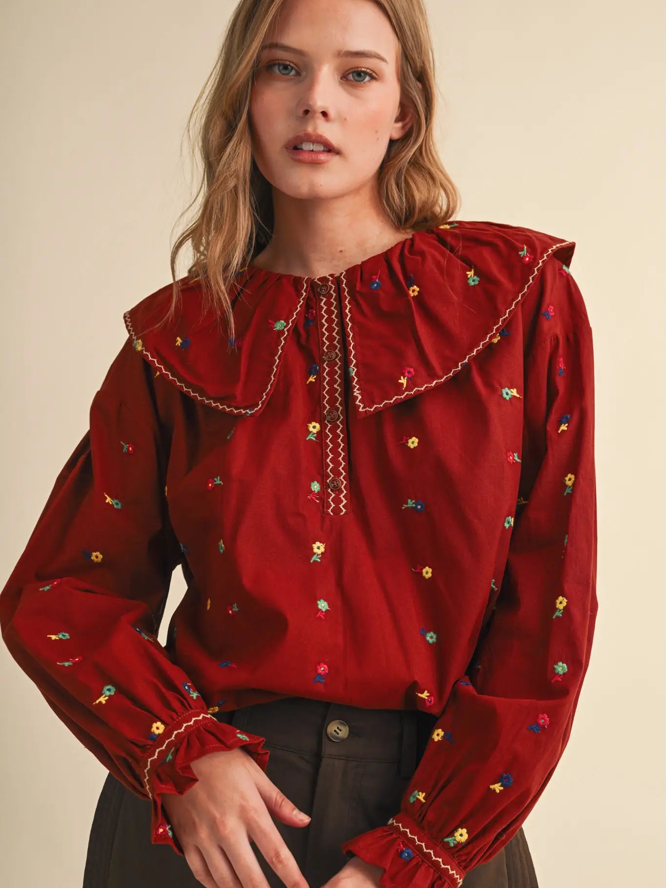 Embroidered Floral Peter Pan Blouse