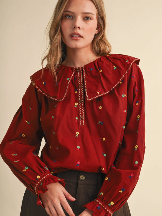 Embroidered Floral Peter Pan Blouse