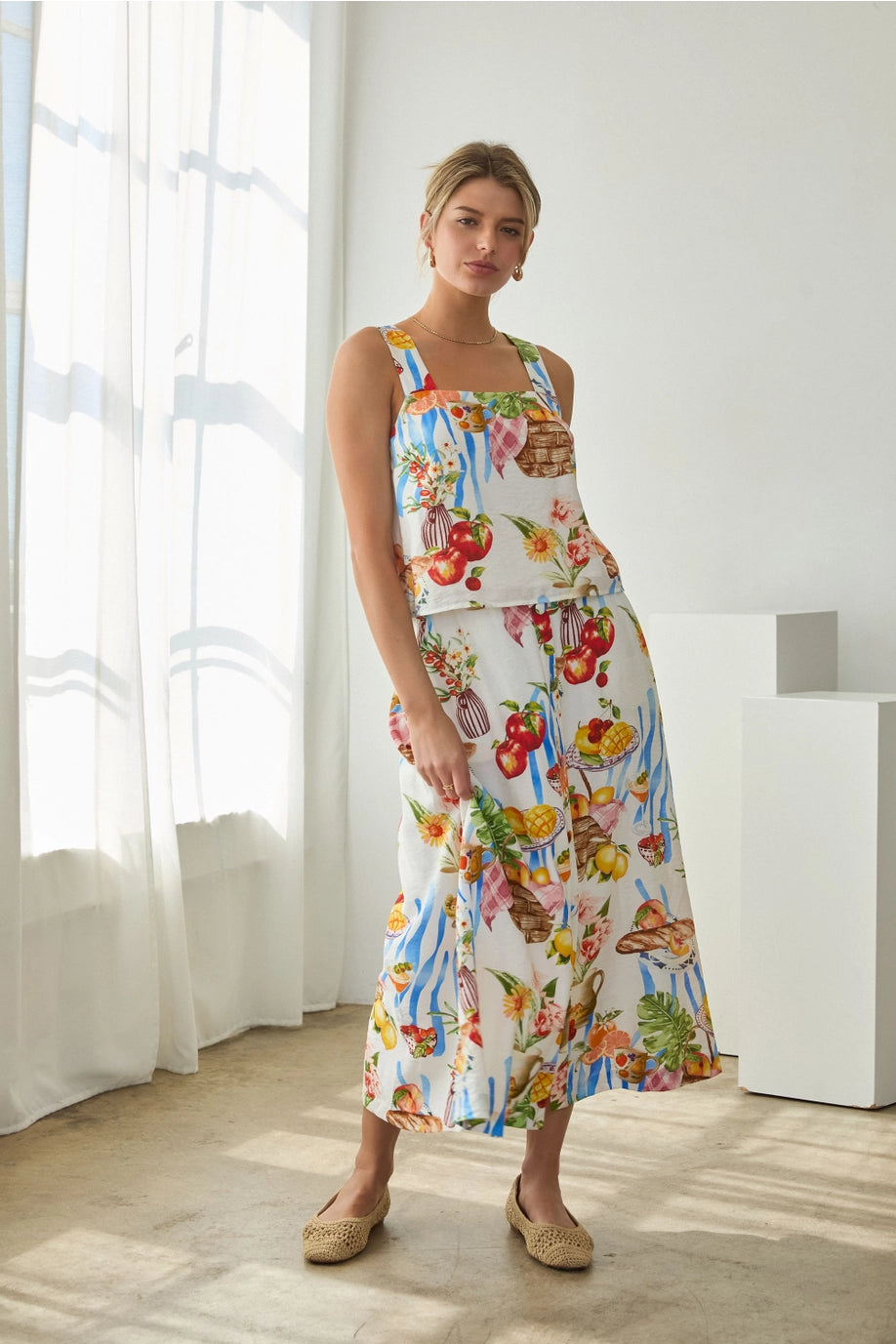 Picnic Button-Front Midi Skirt with Tropical Fruit & Florals