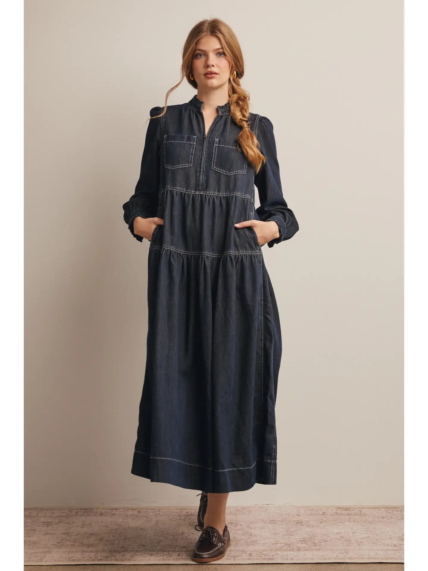 Dark Denim Tiered Zip-Front Maxi Dress