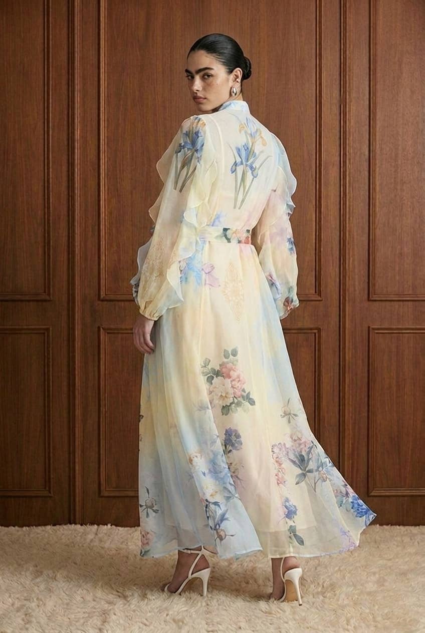Embellished Floral Chiffon Ruffle Maxi Dress