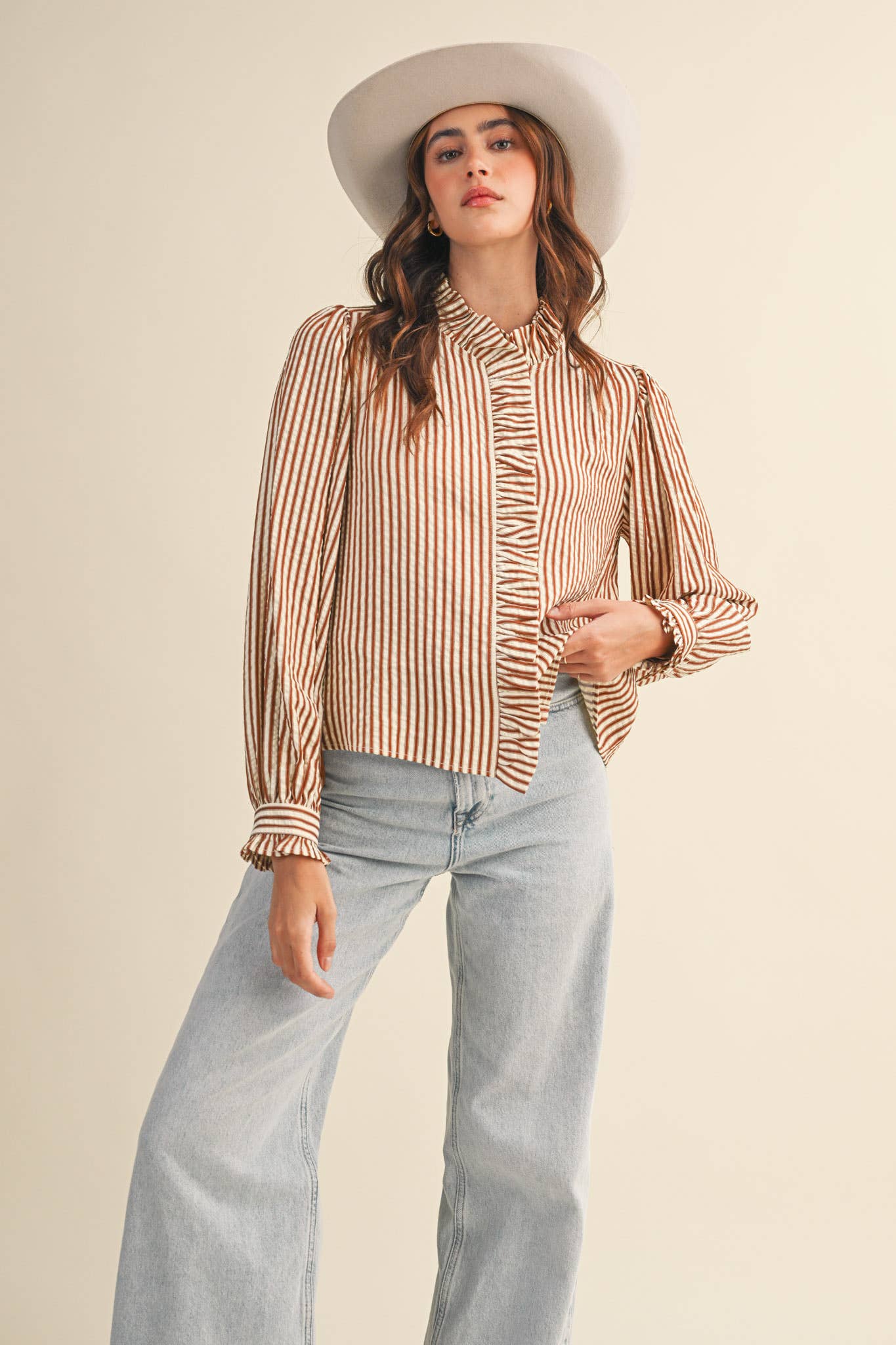 STRIPED RUFFLED BUTTON DOWN LONG SLEEVE TOP MTP4319