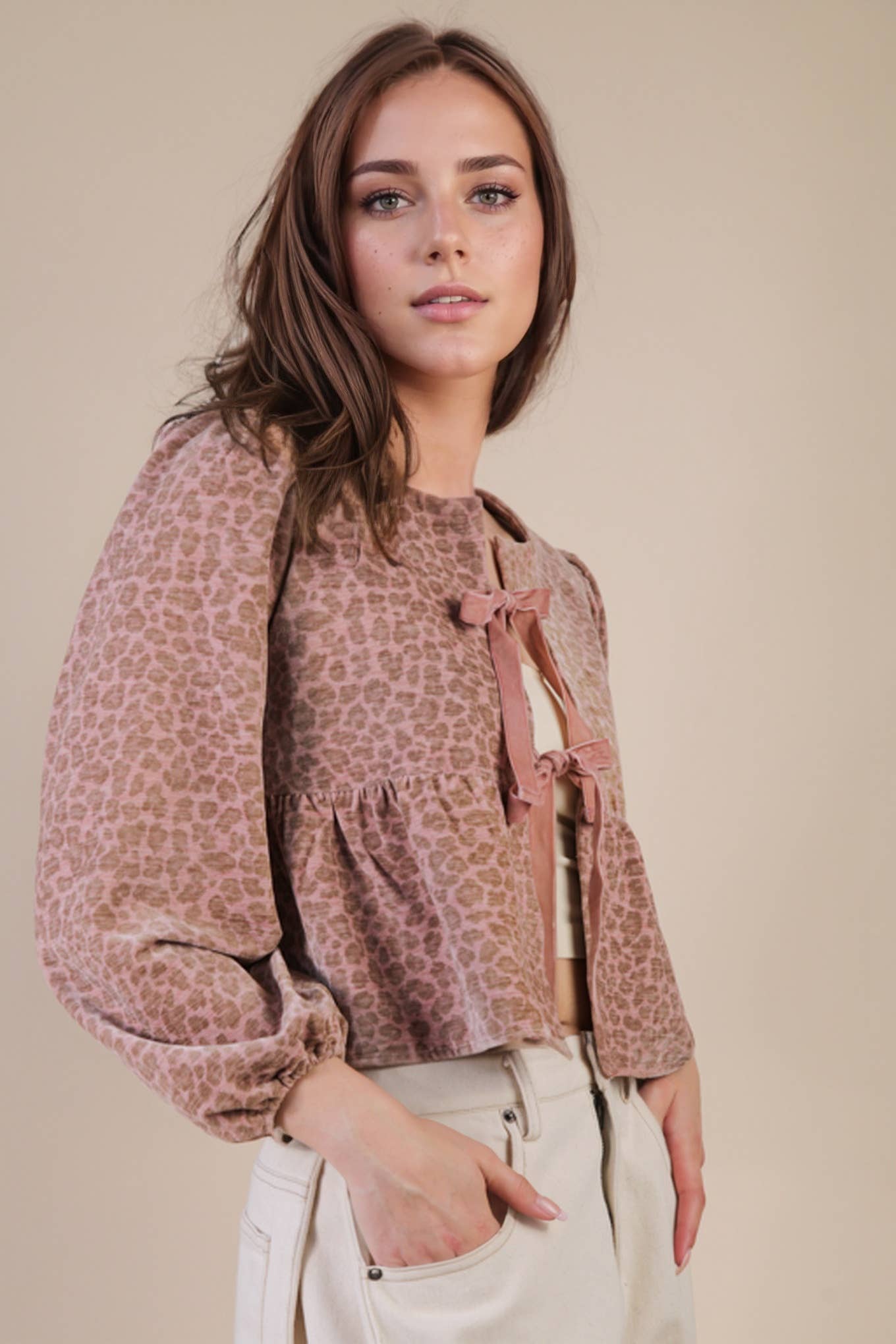 Leopard Printed Front Tie Woven Blouse Top