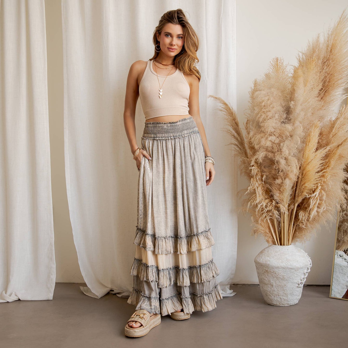 Rustic Smocked Waist Ruffled Tiered Maxi Skirt