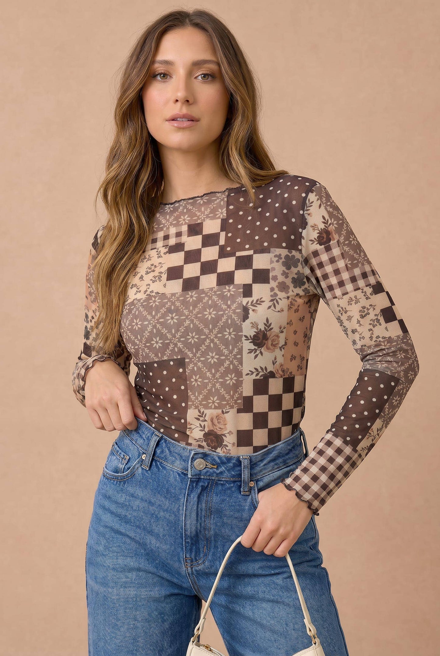Patchwork Mesh Semi Sheer Top