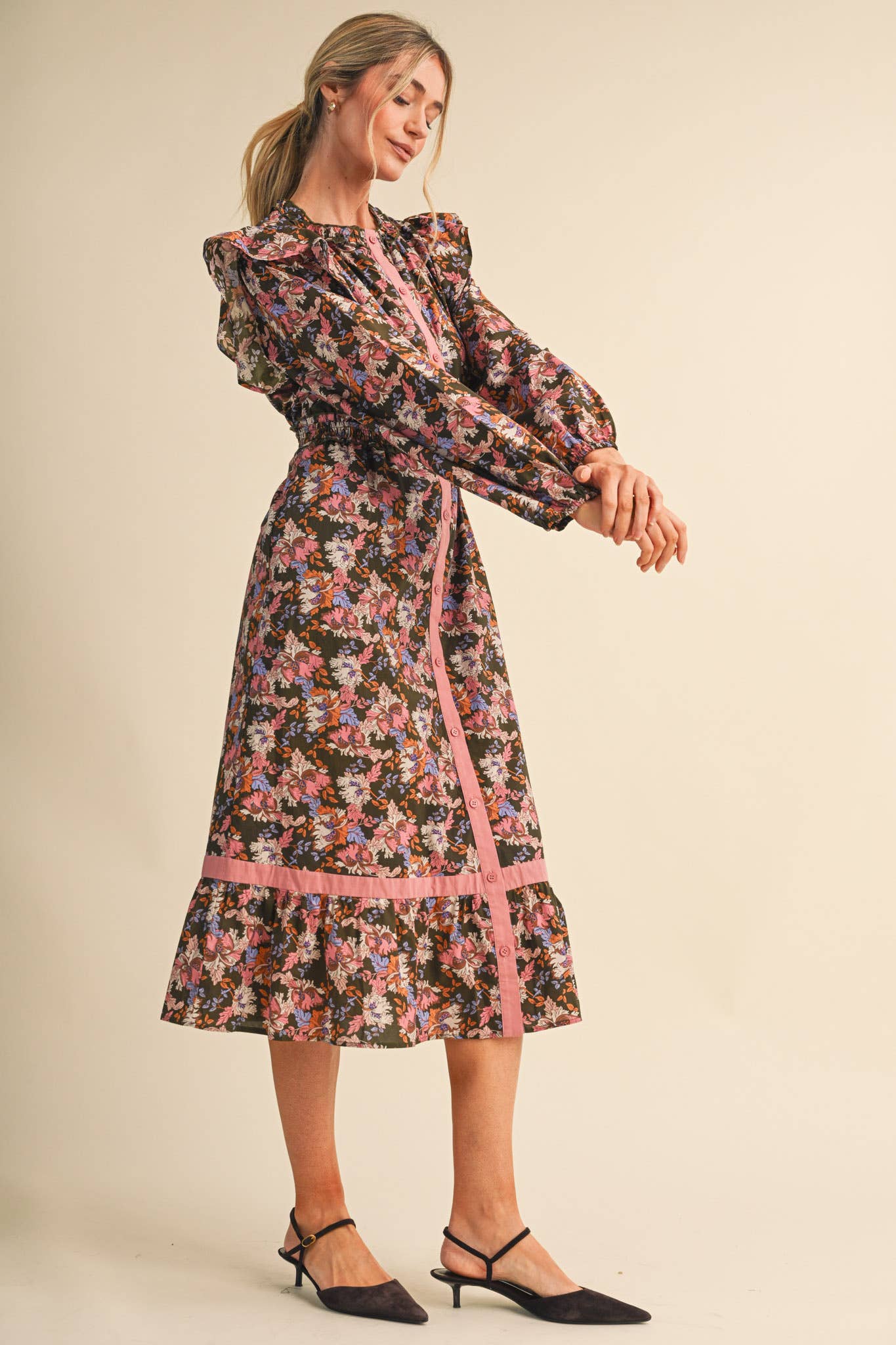 FLORAL BUTTON DOWN CONTRAST BINDING MIDI DRESS MDR5246
