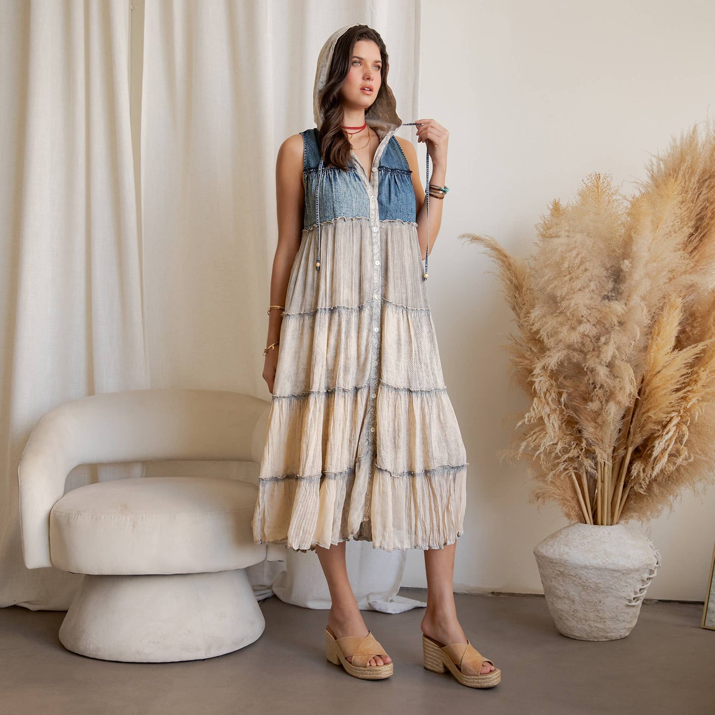 Boho Tiered Sleeveless Maxi Button