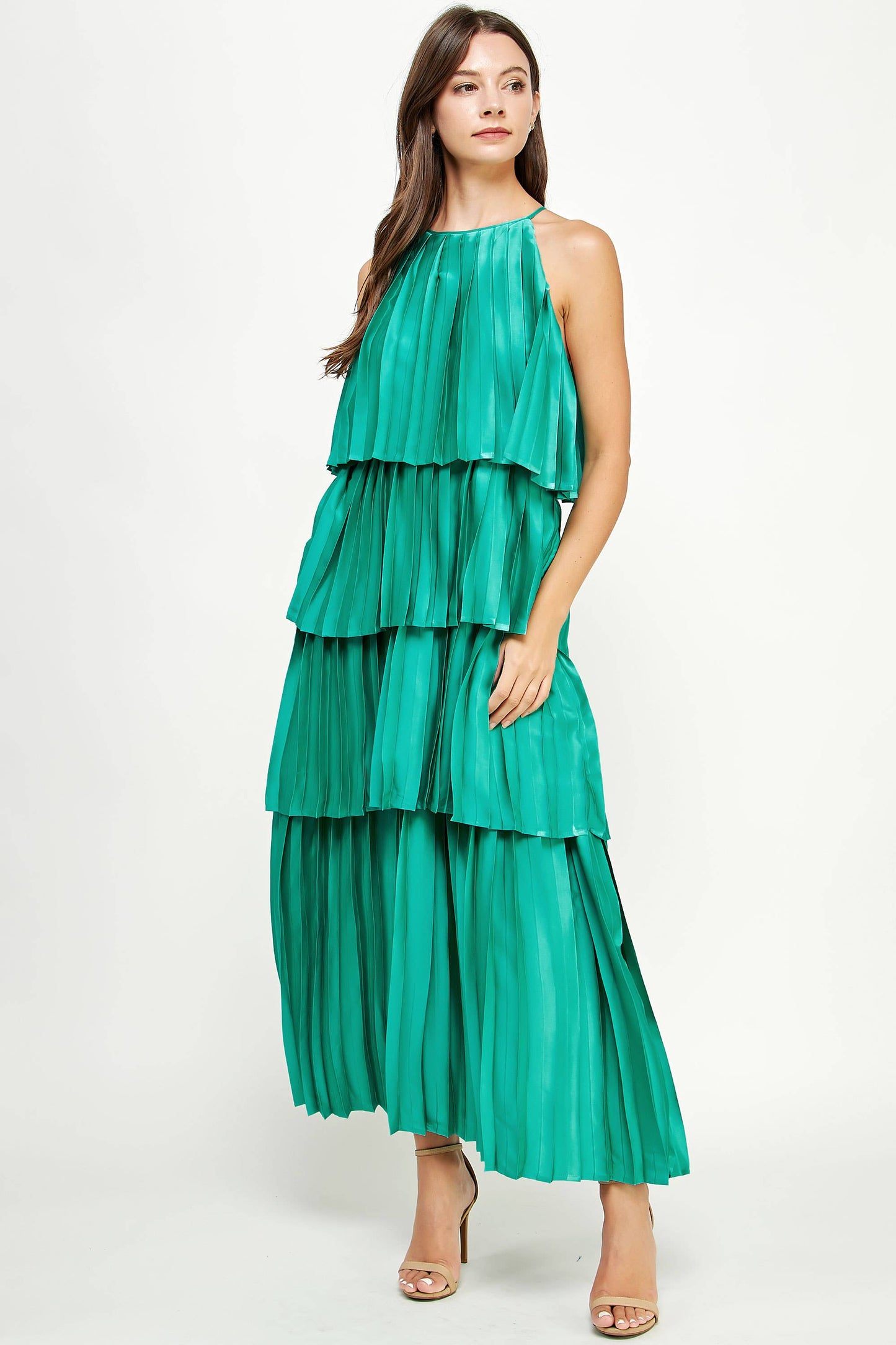 Pleated Satin Tiered Maxi Dress