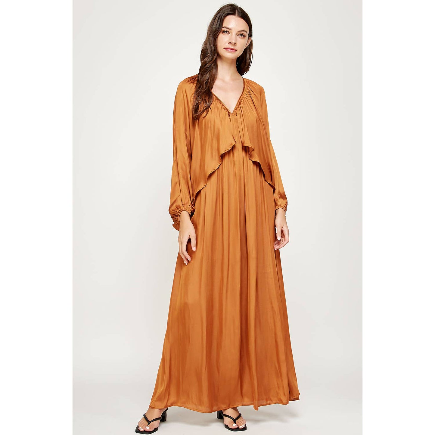 Shirred Satin Balloon Sleeve Maxi Dress