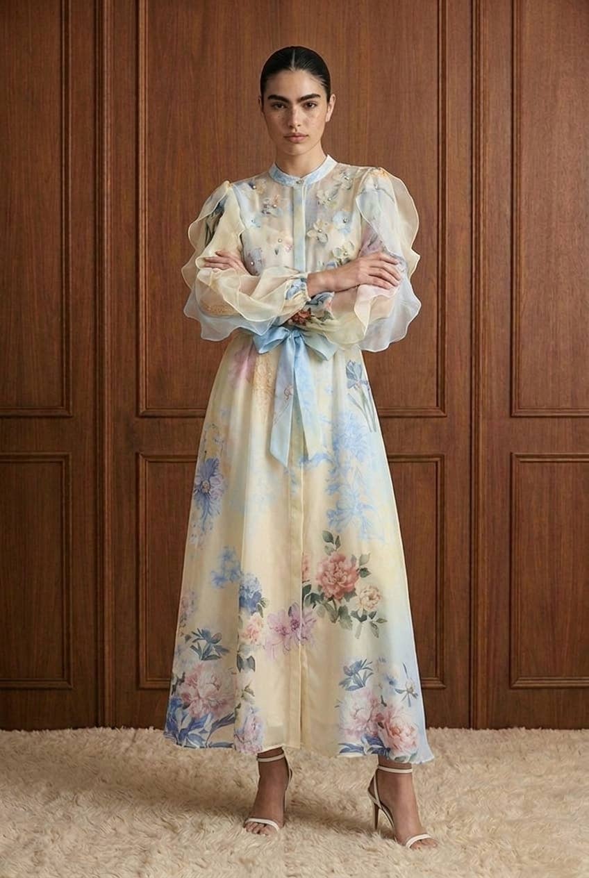 Embellished Floral Chiffon Ruffle Maxi Dress
