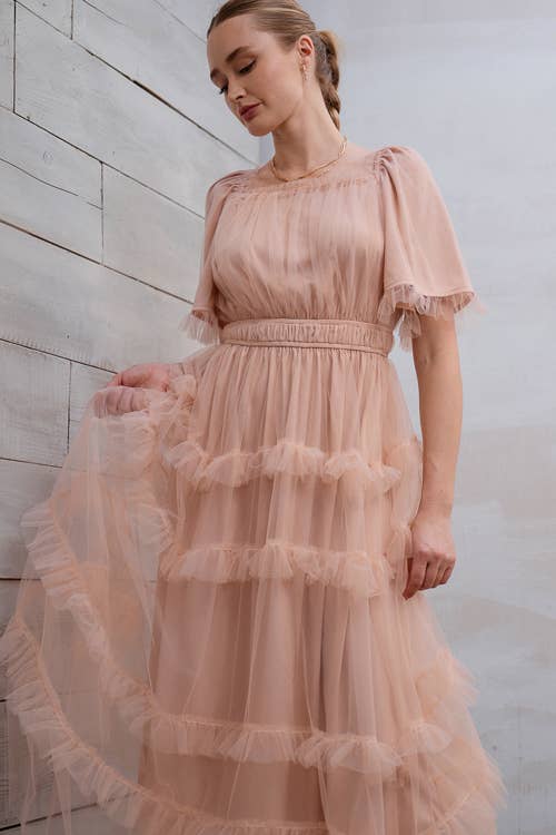 SHORT SLEEVE TULLE TIER MIDI DRESS