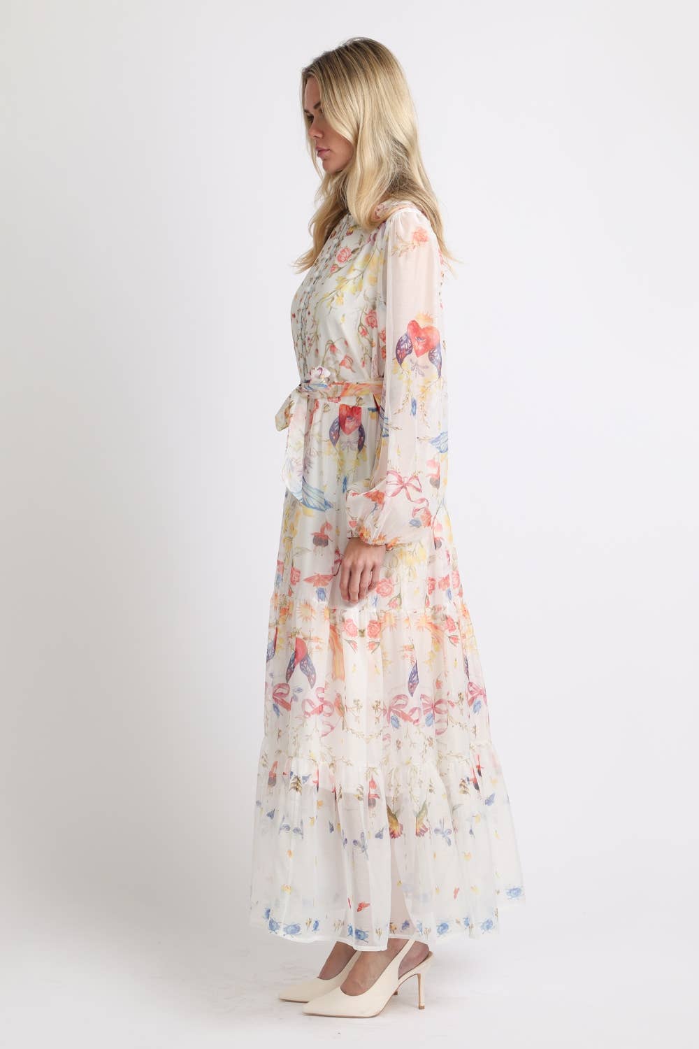 Multicolor Print Sheer Maxi Puff Dress