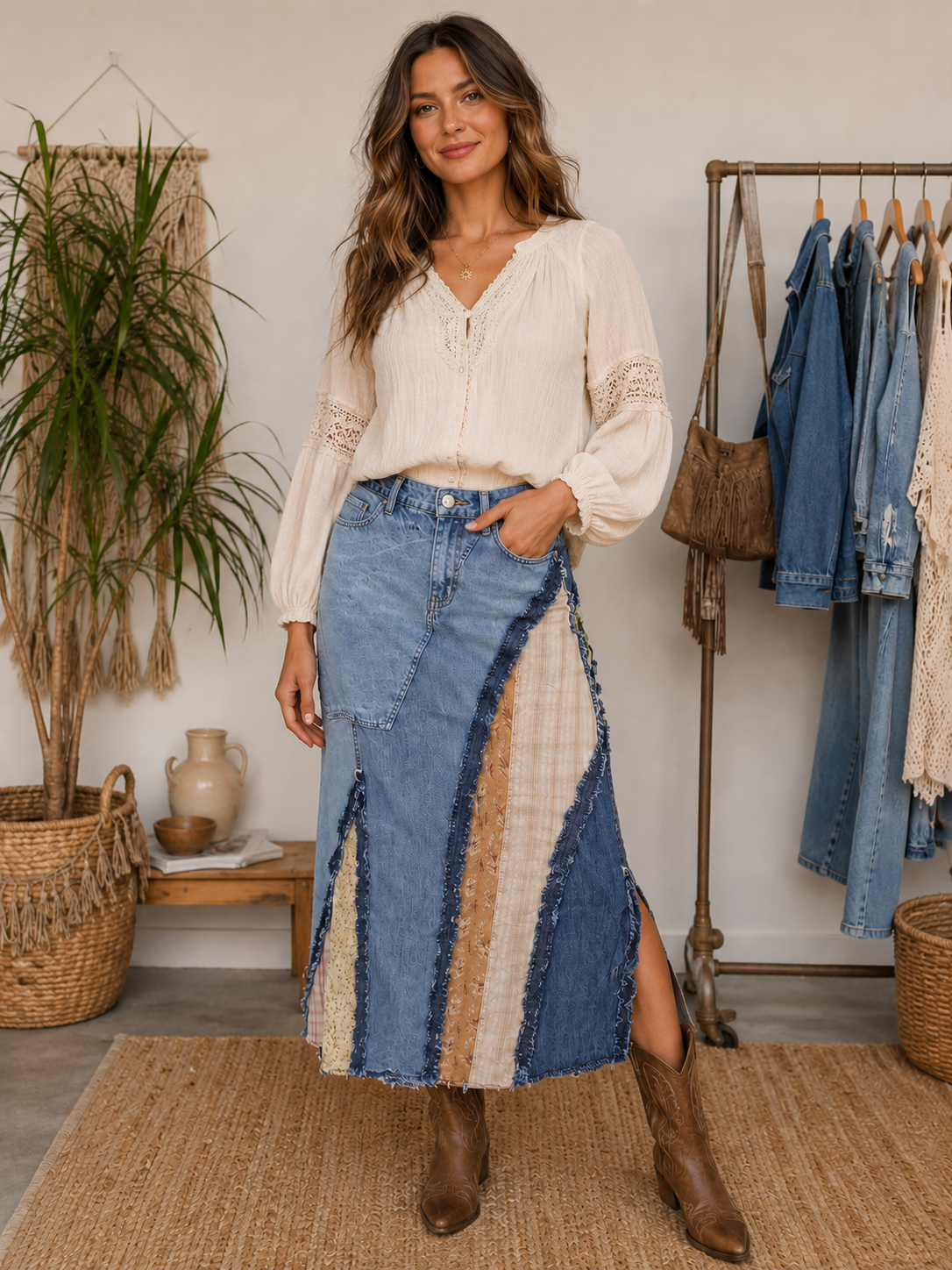 Texas Long Boho Patchwork Jean Skirt