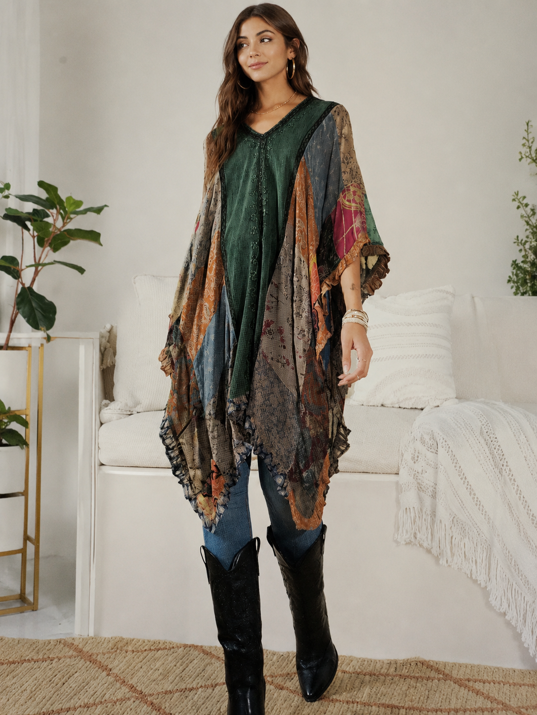 Sage Bohemian Patchwork Poncho