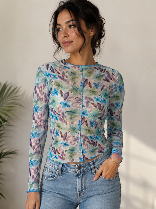 Watercolor Wildflower Mock Neck Top