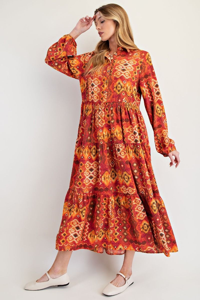 Rust Southwestern Print Tiered Maxi Dress