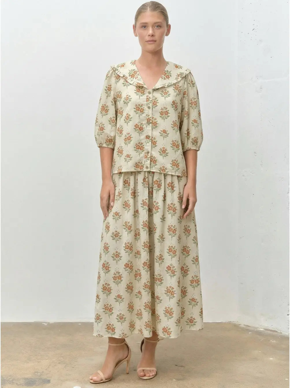 Vintage Floral Block Print Blouse & Maxi Skirt Set