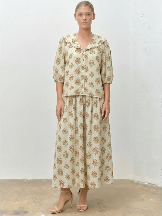 Vintage Floral Block Print Blouse & Maxi Skirt Set