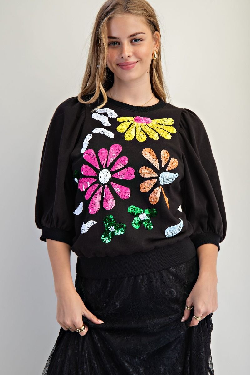Black Sequin Flower Top