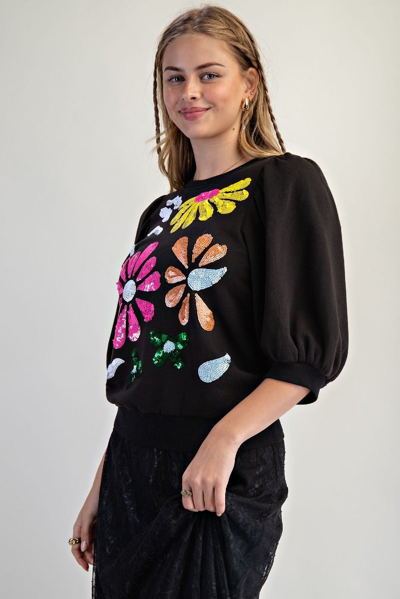 Black Sequin Flower Top