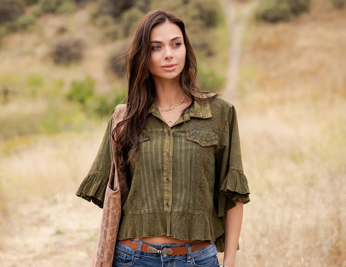 Olive Trail Ruffle Blouse and Skirt Set
