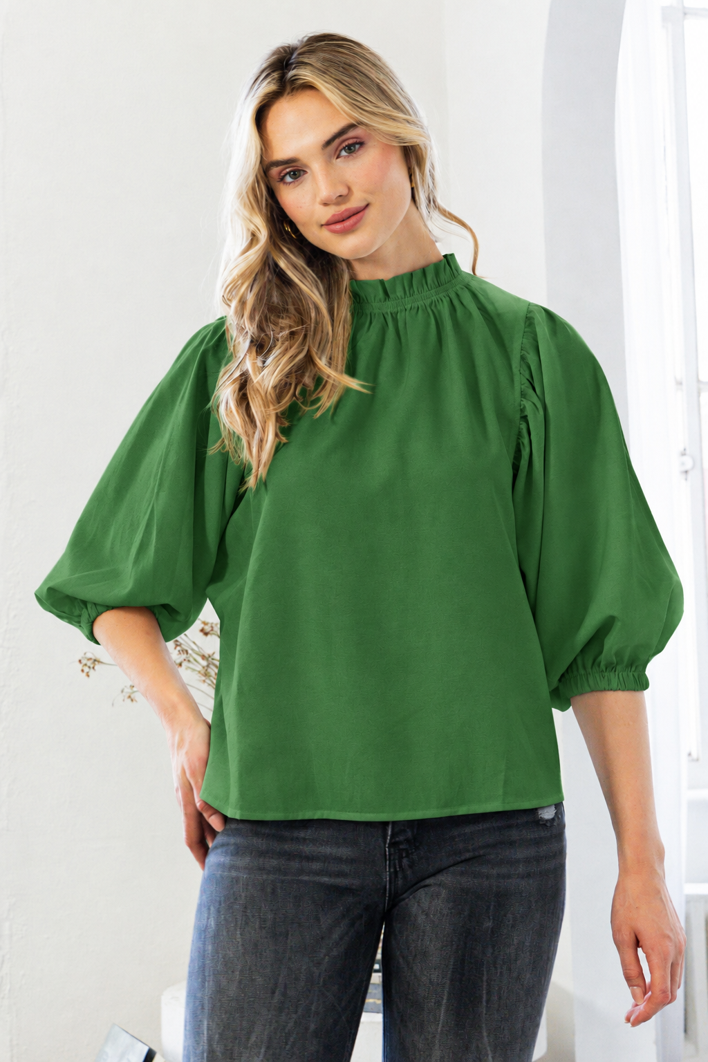 Gathered-Neck Balloon Sleeve Blouse - Colors