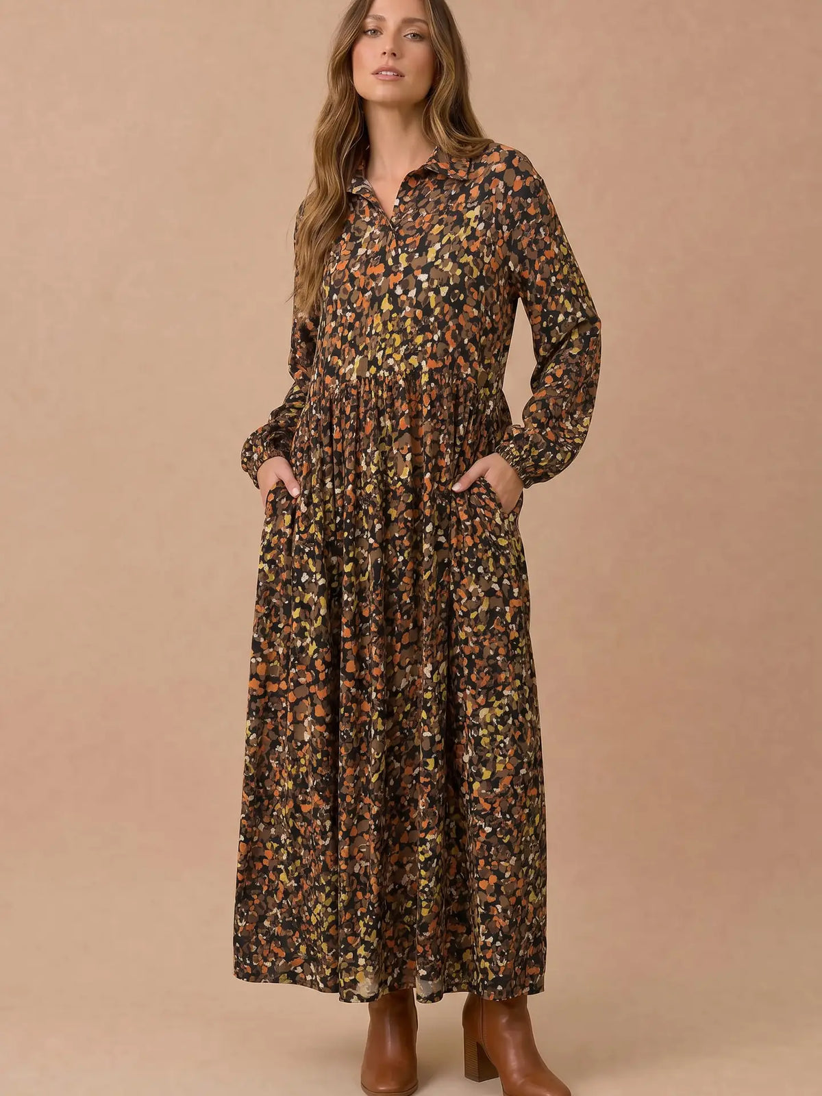 Brown Floral Collared Maxi Dress