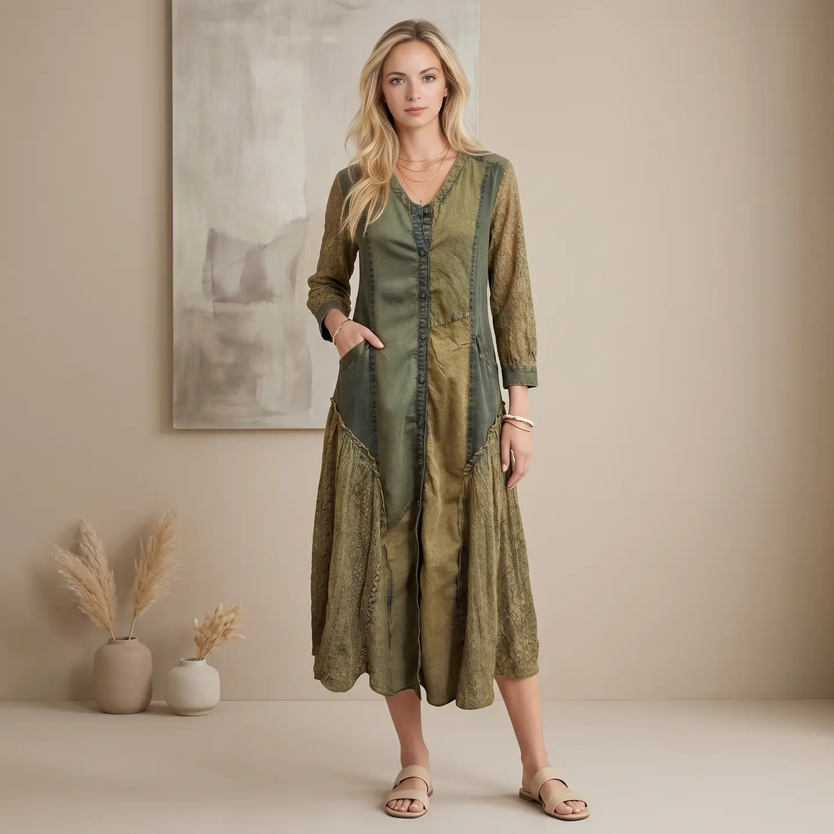 Model wearing an olive patchwork midi dress with a V-neckline, button front, patterned sleeves, and pockets