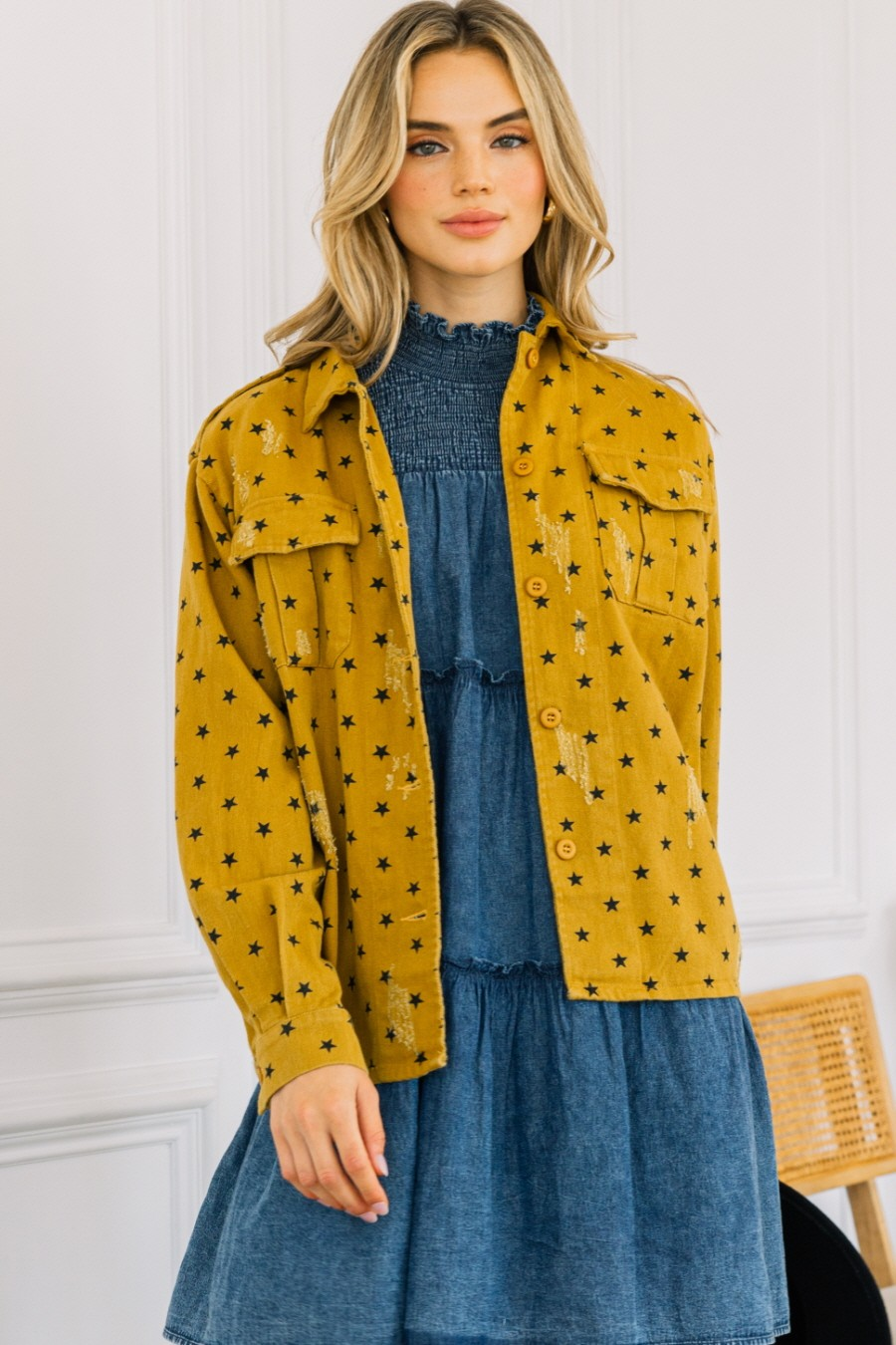 Mustard yellow star print corduroy shacket with chest flap pockets