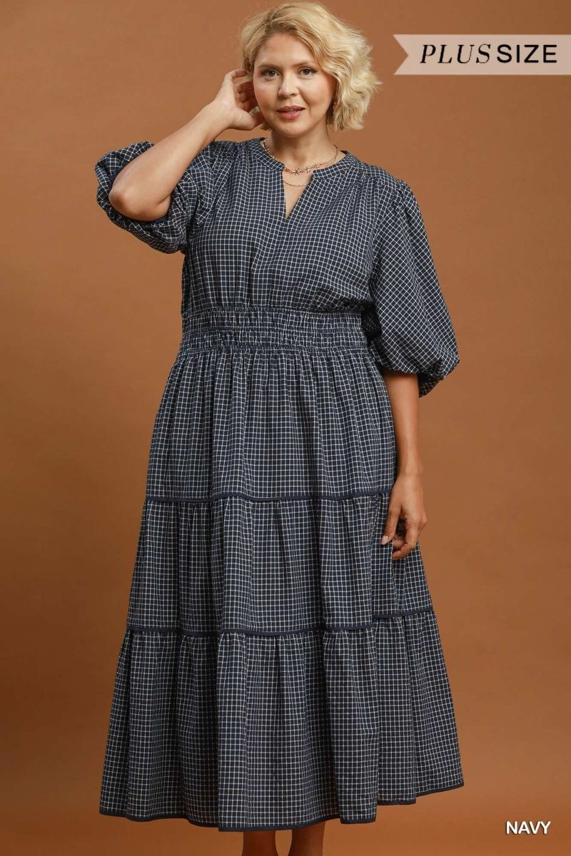 Plus size checked tiered midi dress in Navy with puff sleeves and smocked waist