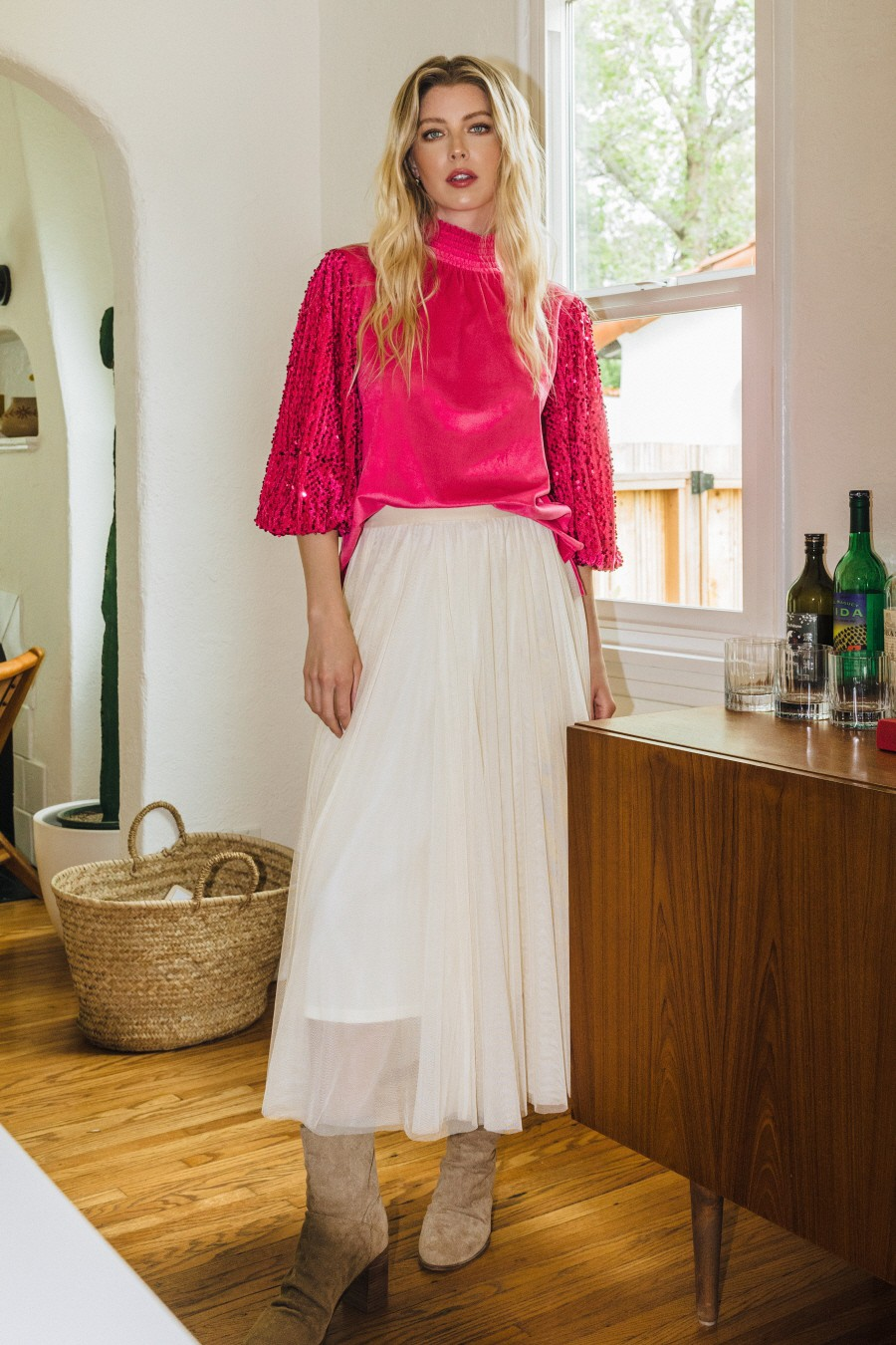 Hot pink sequin mock neck blouse with dramatic bishop sleeves