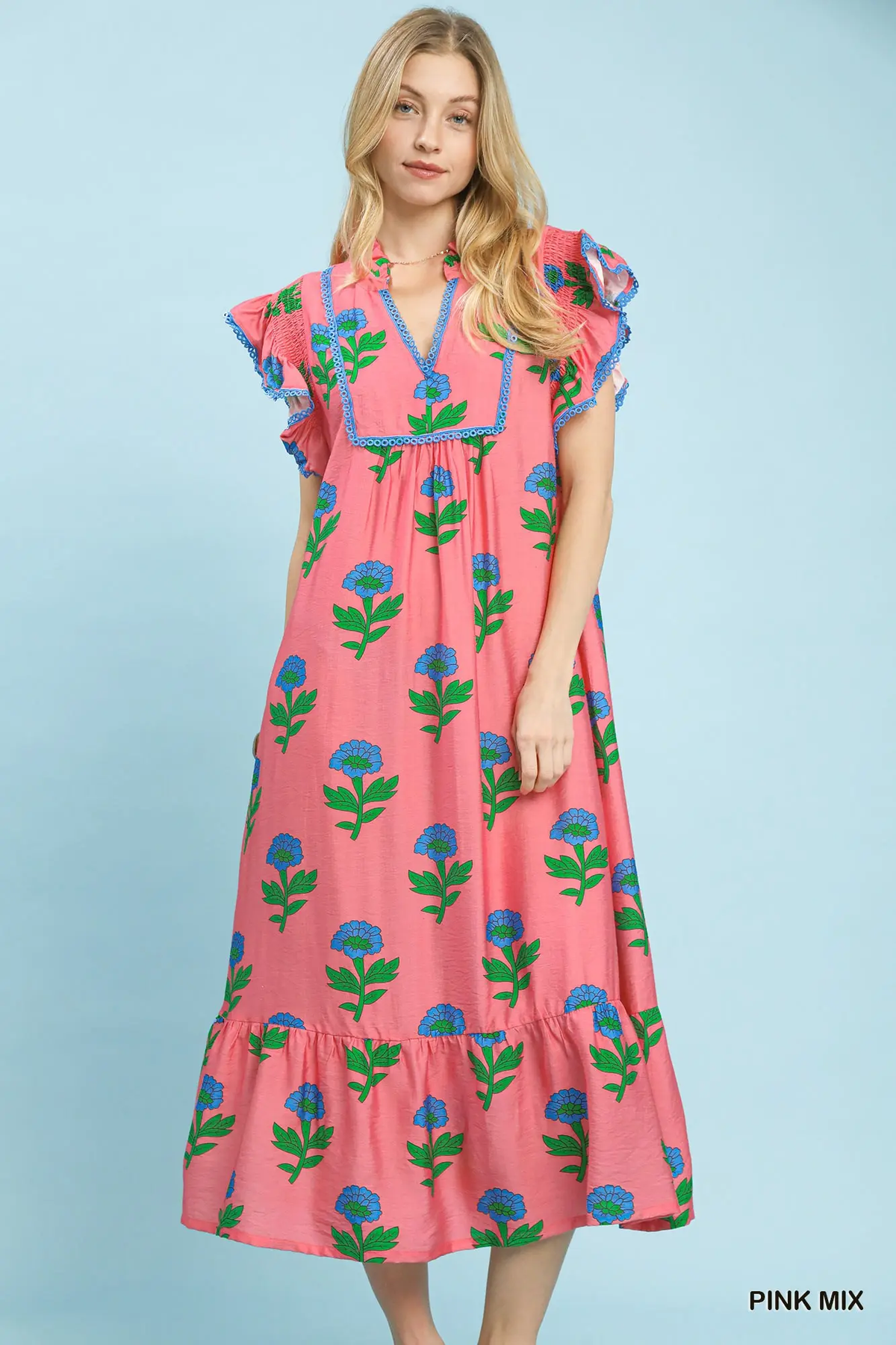 Pink Mix floral midi dress with blue flowers, flutter sleeves, blue trim, and ruffled hem