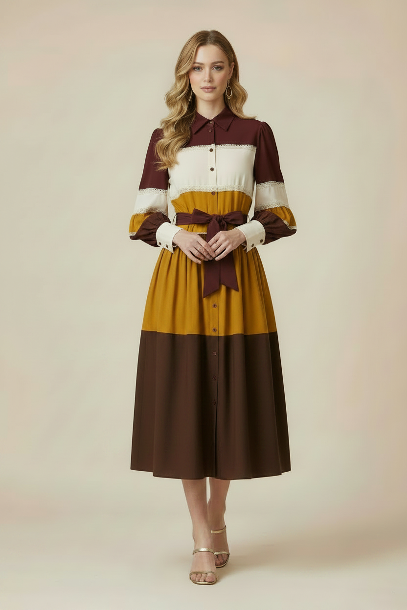 Autumn Harvest Color Block Lace Trim Midi Dress in burgundy, cream, mustard yellow and dark brown