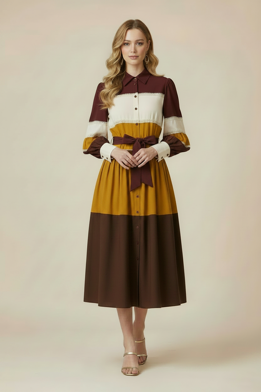 Autumn Harvest Color Block Lace Trim Midi Dress in burgundy, cream, mustard yellow and dark brown