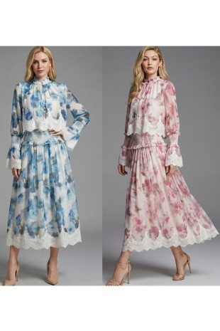 Floral tie-neck blouse and lace-trim midi skirt set shown in blue and pink colorways